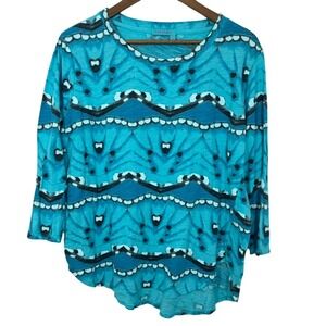 Fresh Produce Turquoise Blue Butterfly Print Artsy Boho 3/4 Sleeve 100% Cotton